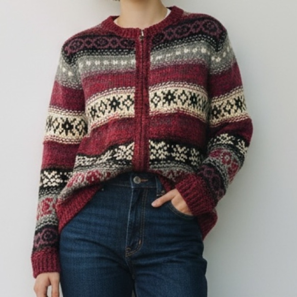 Vintage Tangents Patterned Wool Blend Zip-Up Sweater - Red and Black